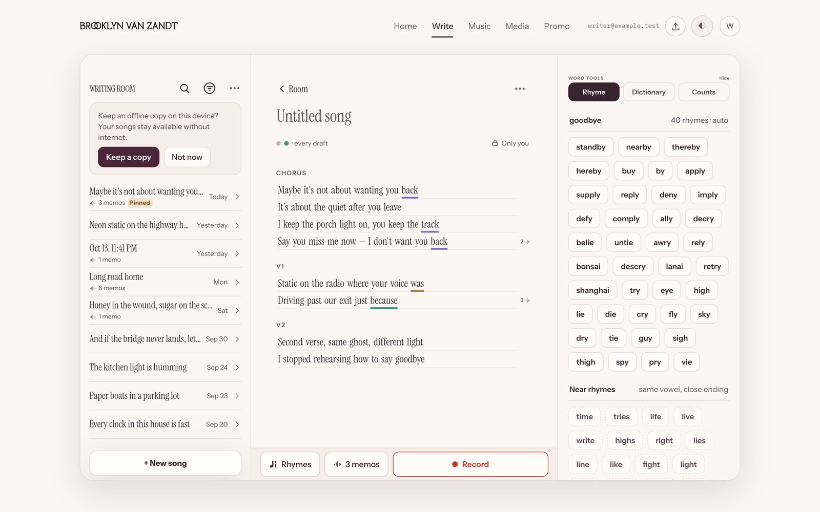 Writing Room on the web: the song list, a song, and rhymes for the last word